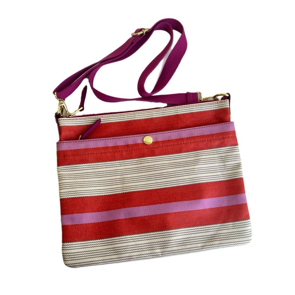 FOSSIL Pink & Orange Stripe Coated Canvas Zip Top Crossbody Bag Shoulder